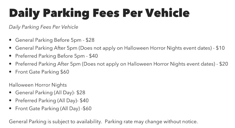 Universal Drops Parking Fee Universal Parking fee